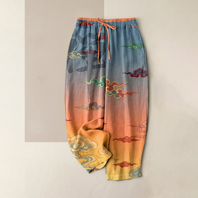 Buddha Stones Pantalon pour femme en pur coton, motif nuage traditionnel, taille élastique et poches - Corail - US16，UK/AU20，EU48 (3XL) - image 0
