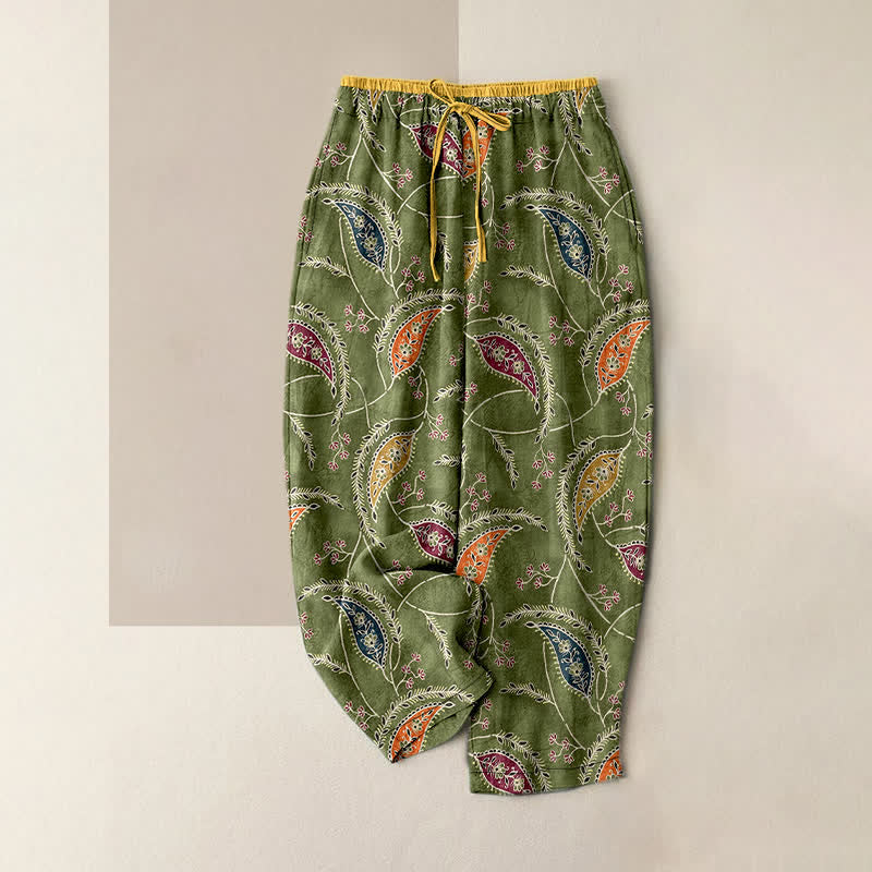 Buddha Stones Pantalon pour femme en pur coton à motif floral ethnique cachemire, taille élastique et poches - Vert olive - US16，UK/AU20，EU48 (3XL) - image 0