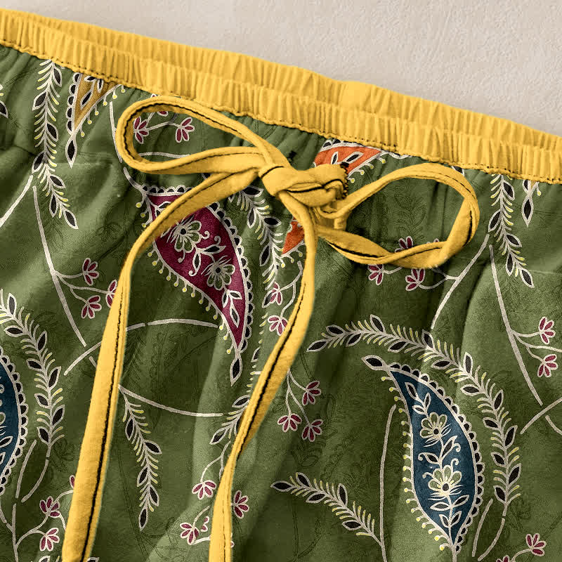 Buddha Stones Pantalon pour femme en pur coton à motif floral ethnique cachemire, taille élastique et poches - image 1