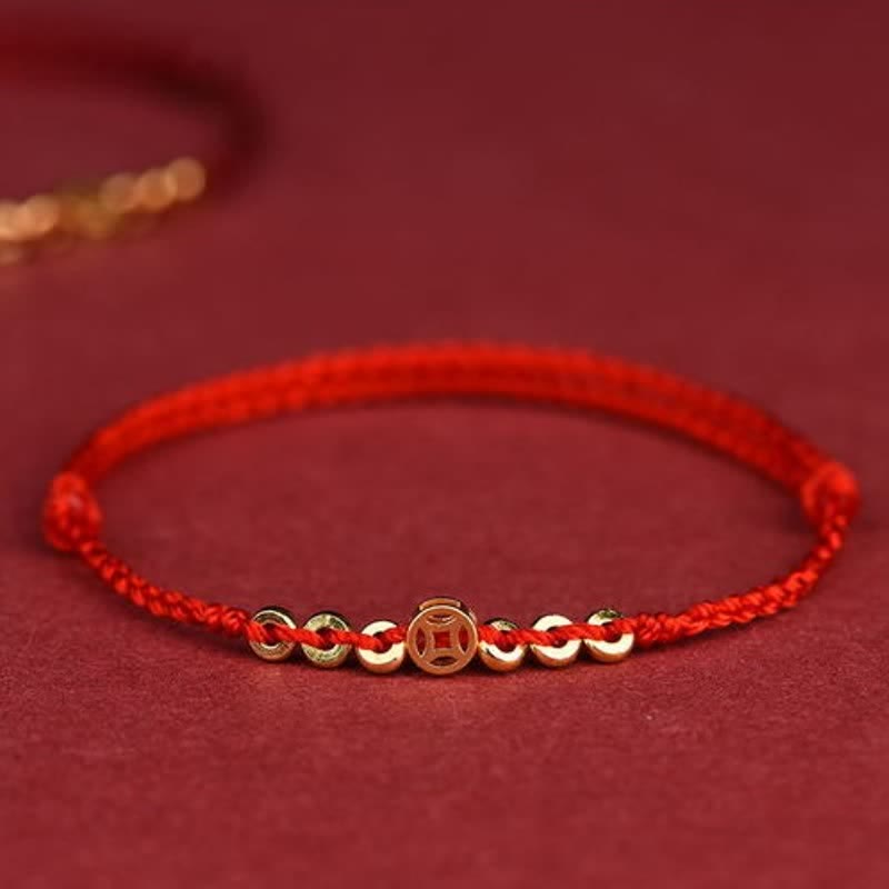 Buddha Stones Bracelet porte-bonheur en fil rouge tressé et pièces chinoises rondes - Rouge (Tour de poignet : 16–19 cm) - image 0