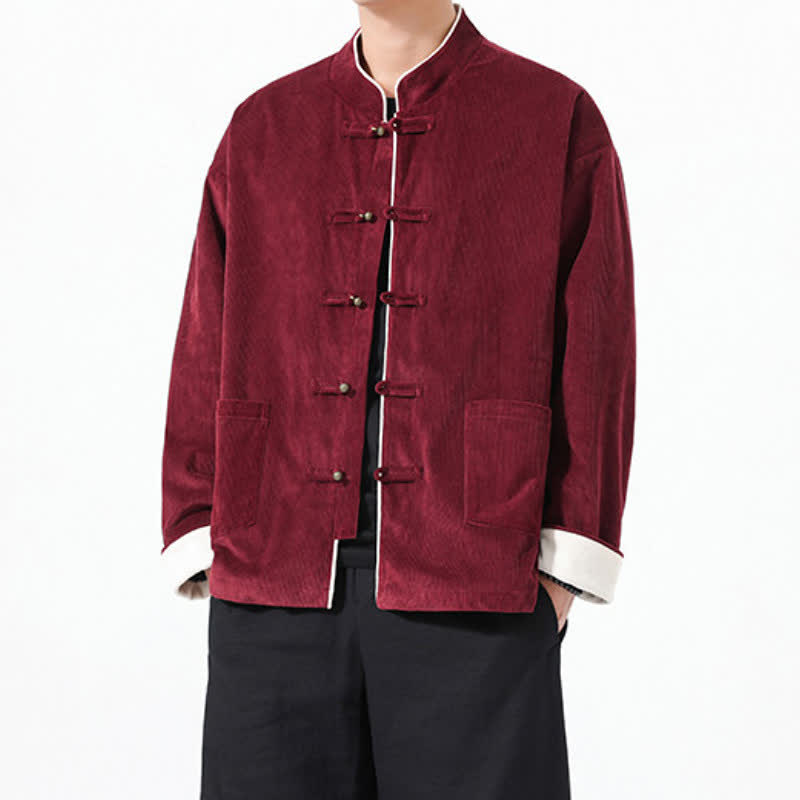 Buddha Stones Vestes homme automne-hiver vintage style Tang, en velours côtelé uni avec poches - image 1