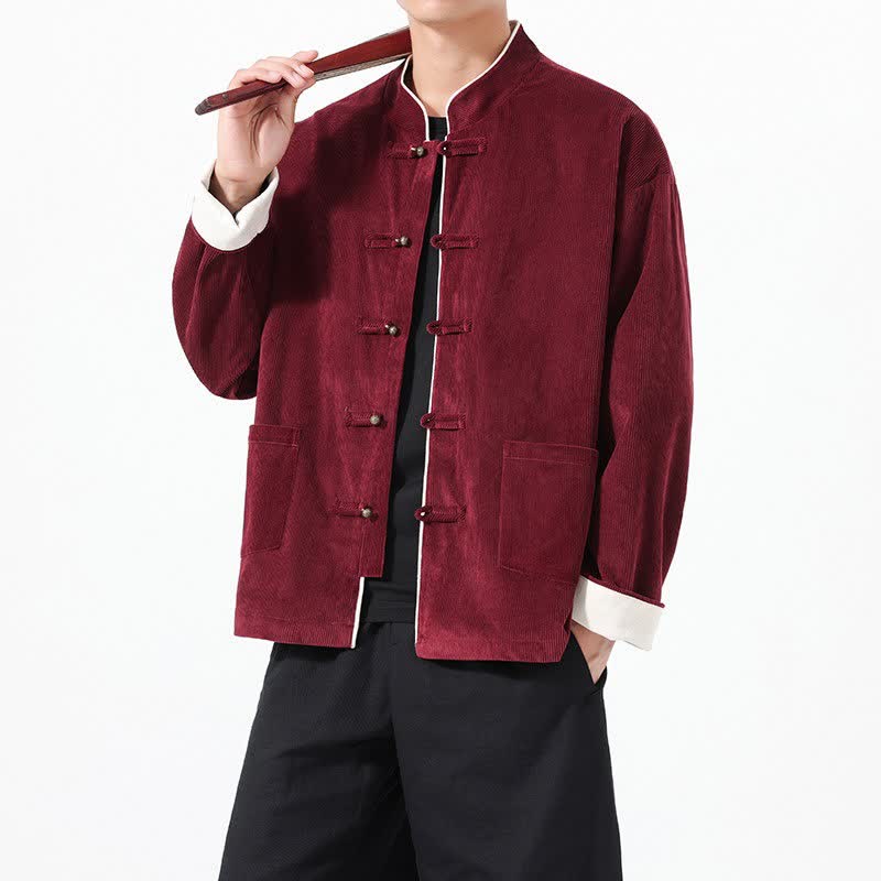 Buddha Stones Vestes homme automne-hiver vintage style Tang, en velours côtelé uni avec poches - Bordeaux - US/UK/AU46，EU56 (5XL) - image 0
