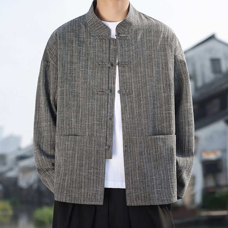 Buddha Stones Veste homme décontractée style Tang automne-hiver, boutonnière grenouille, couleur unie, avec poches - image 1