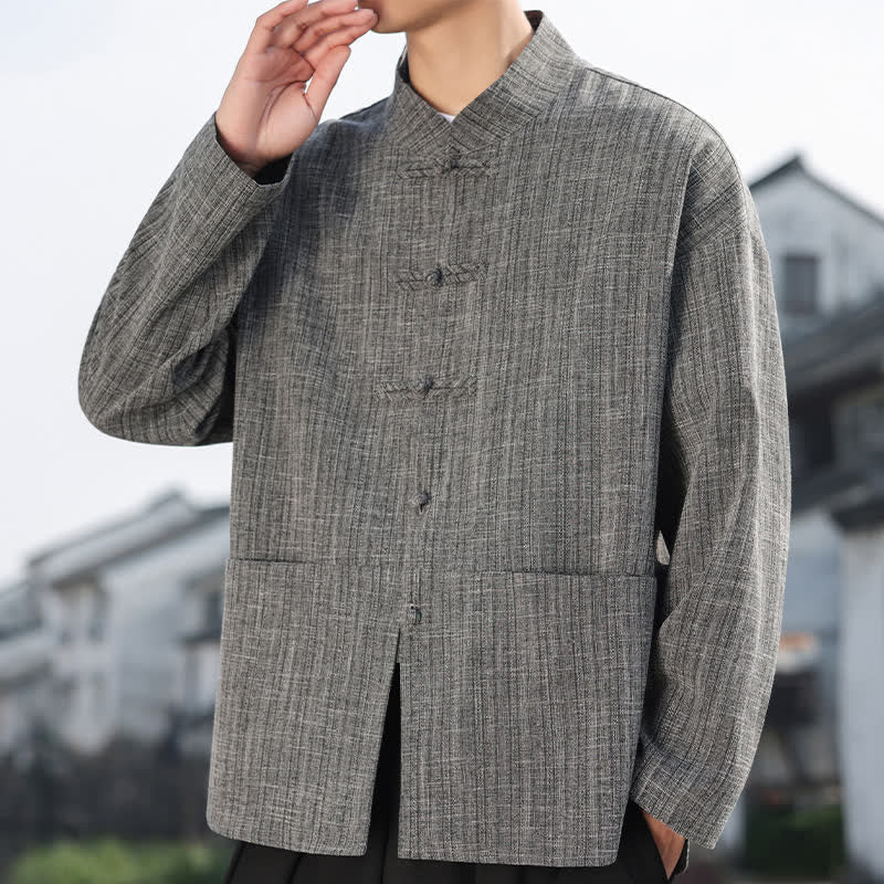 Buddha Stones Veste homme décontractée style Tang automne-hiver, boutonnière grenouille, couleur unie, avec poches - Gris - US/UK/AU46，EU56 (5XL) - image 0