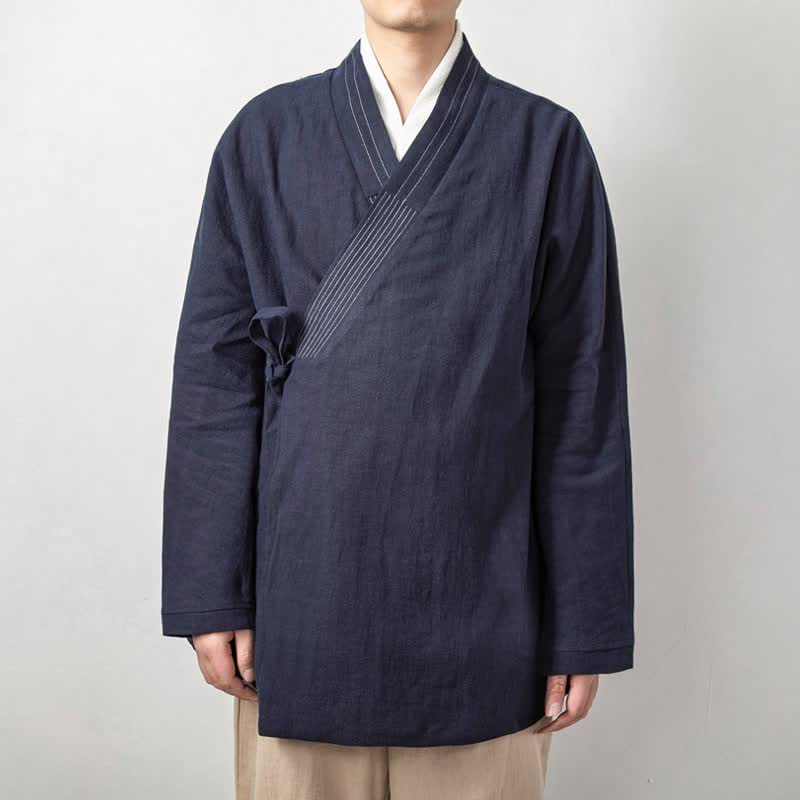 Buddha Stones Kimonos pour hommes en ramie unie, style vintage automne Tang, cordon de serrage - Marine - US/UK/AU44，EU54 (4XL) - image 1