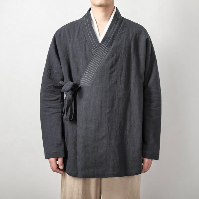 Buddha Stones Kimonos pour hommes en ramie unie, style vintage automne Tang, cordon de serrage - Gris ardoise clair - US/UK/AU44，EU54 (4XL) - image 0