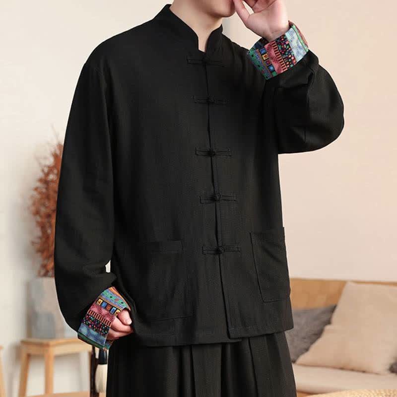 Buddha Stones Chemise homme automne style Tang décontracté à manches longues, en coton et lin uni, avec poches, boutonnière grenouille. - image 1