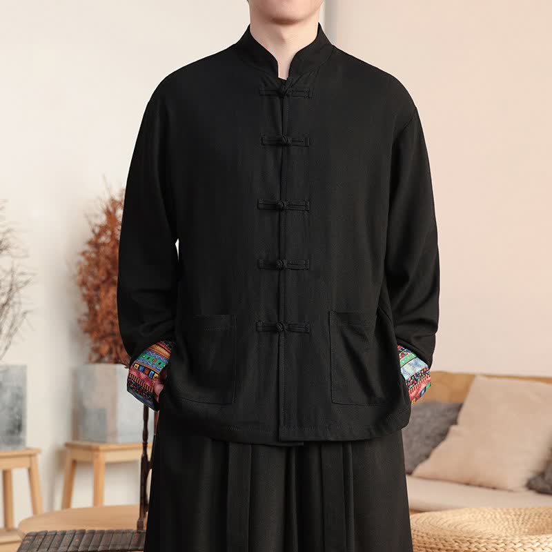 Buddha Stones Chemise homme automne style Tang décontracté à manches longues, en coton et lin uni, avec poches, boutonnière grenouille. - Noir - US/UK/AU46，EU56 (5XL) - image 0