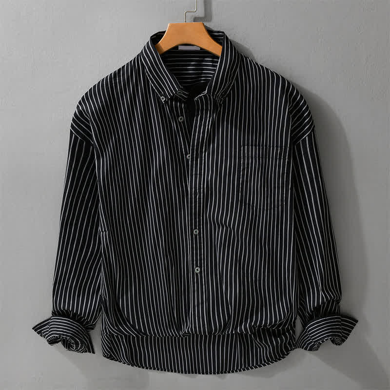 Buddha Stones Chemises à manches longues rayées en coton pour homme, style décontracté printemps-automne, avec poche - Noir - US/UK/AU42，EU52 (3XL) - image 0