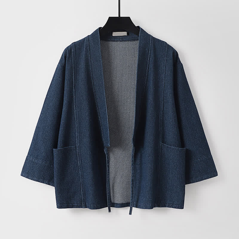 Buddha Stones Kimono homme automne décontracté minimaliste à cordon de serrage en coton et lin uni avec poche - Marine - US/UK/AU54，EU64 (9XL) - image 0