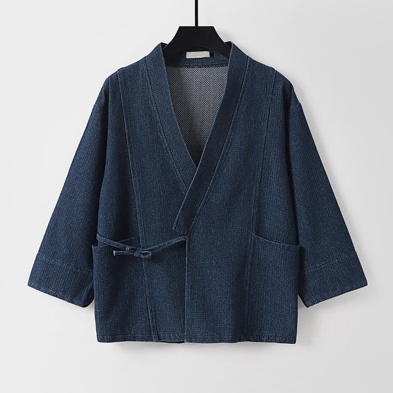 Buddha Stones Kimono homme automne décontracté minimaliste à cordon de serrage en coton et lin uni avec poche - image 1