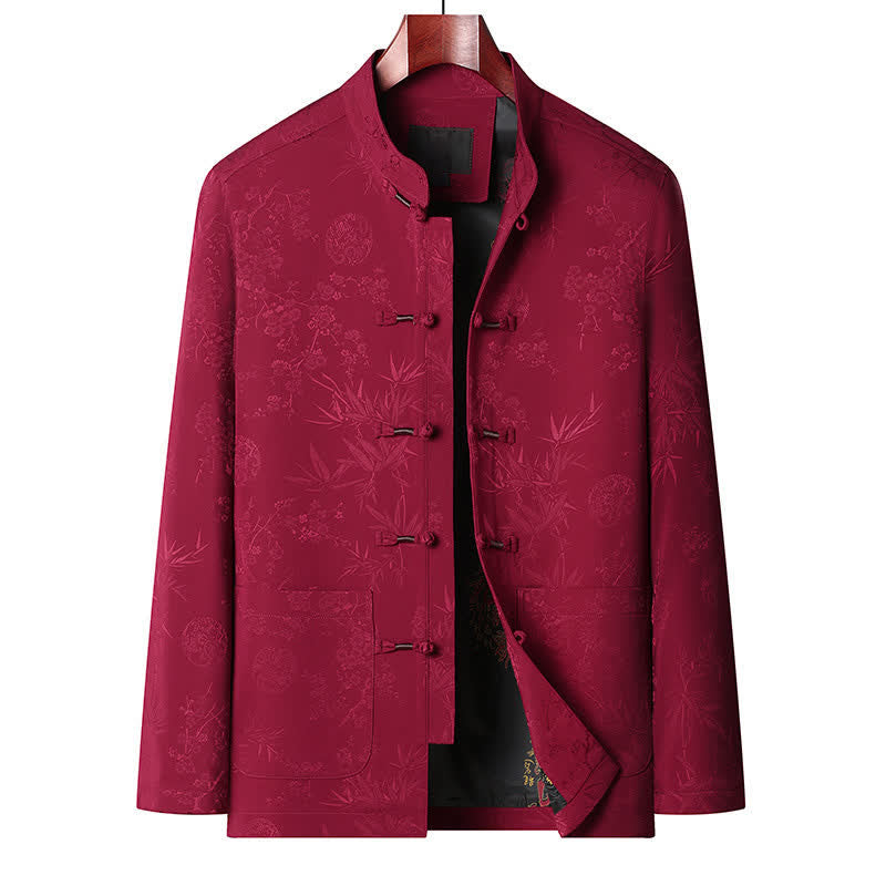 Buddha Stones Chemise de méditation pour homme, style Tang, vintage, col mandarin, bouton brandebourg, motif floral, avec poche, automne-hiver. - Haut rouge - US/UK/AU44，EU54 (4XL) - image 1