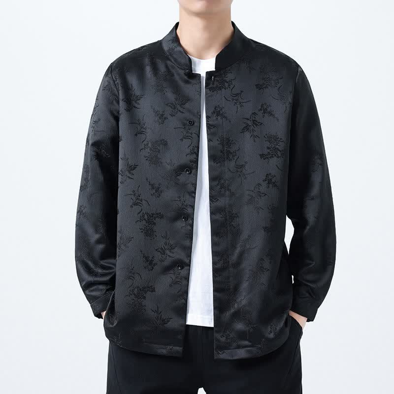 Buddha Stones Chemises à manches longues pour hommes, style Tang vintage automne, col mandarin et imprimé floral - image 1