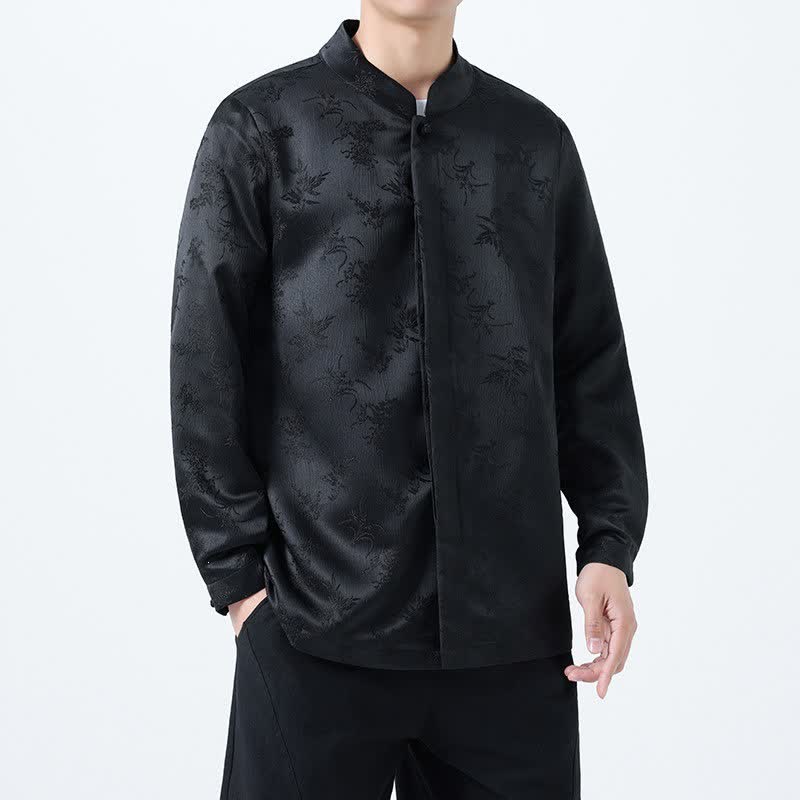 Buddha Stones Chemises à manches longues pour hommes, style Tang vintage automne, col mandarin et imprimé floral - Noir - US/UK/AU46，EU56 (5XL) - image 0