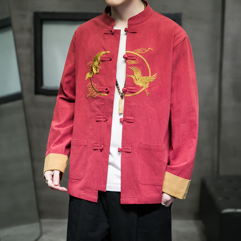 Buddha Stones Veste homme en coton avec poches, style Tang vintage, boutons grenouille, grues et nuages ​​brodés. - image 1
