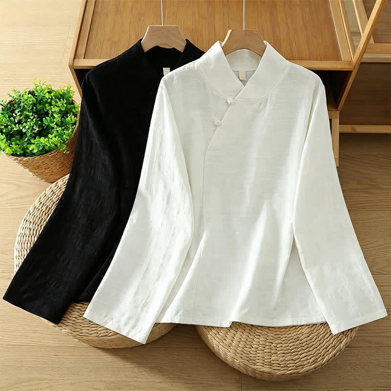 Buddha Stones Chemises à manches longues pour femmes, style Tang minimaliste, col mandarin, unies, printemps-automne - image 0