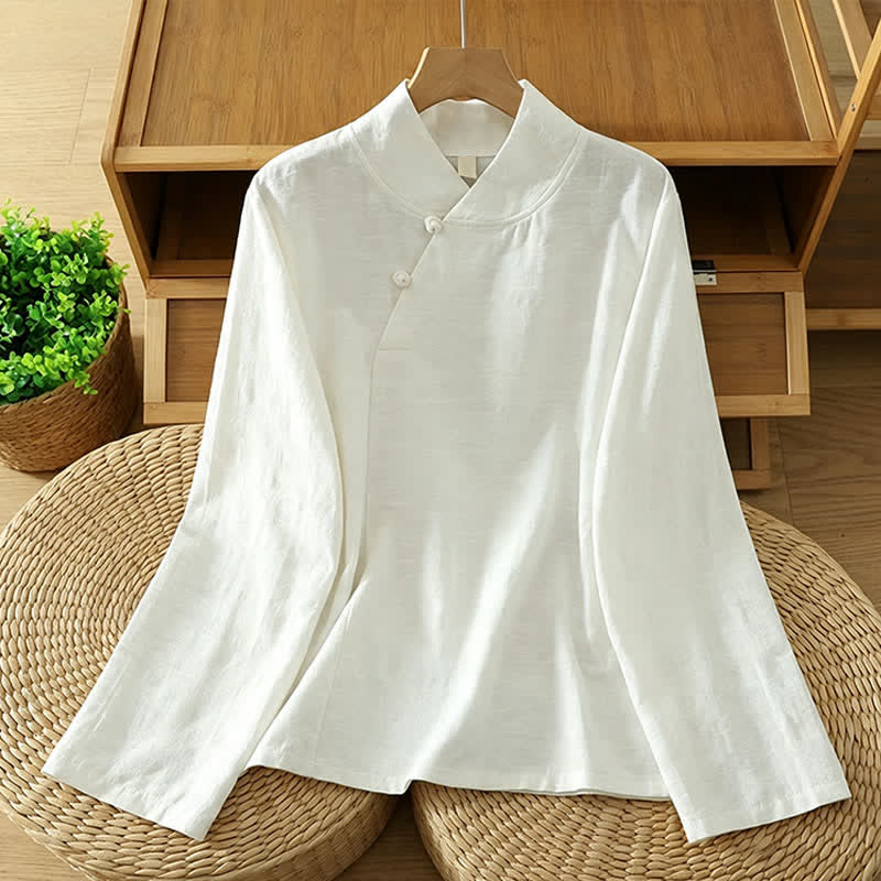 Buddha Stones Chemises à manches longues pour femmes, style Tang minimaliste, col mandarin, unies, printemps-automne - Blanc - US6, UK/AU10, EU38 (XL) - image 1