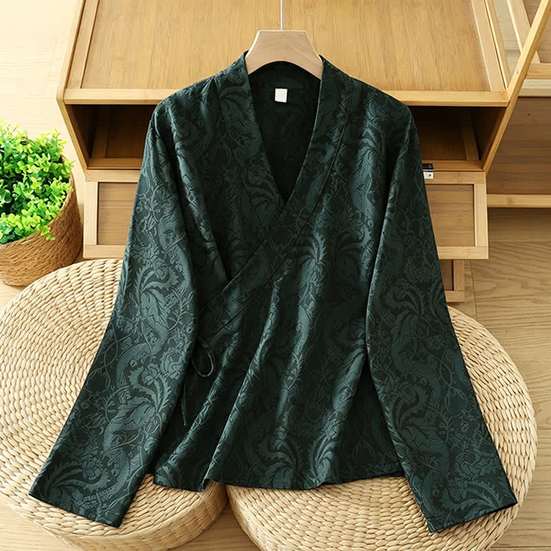 Buddha Stones Kimono vintage à cordon de serrage et imprimé floral, style Tang, pour femme, automne. - Vert foncé - US6, UK/AU10, EU38 (XL) - image 0