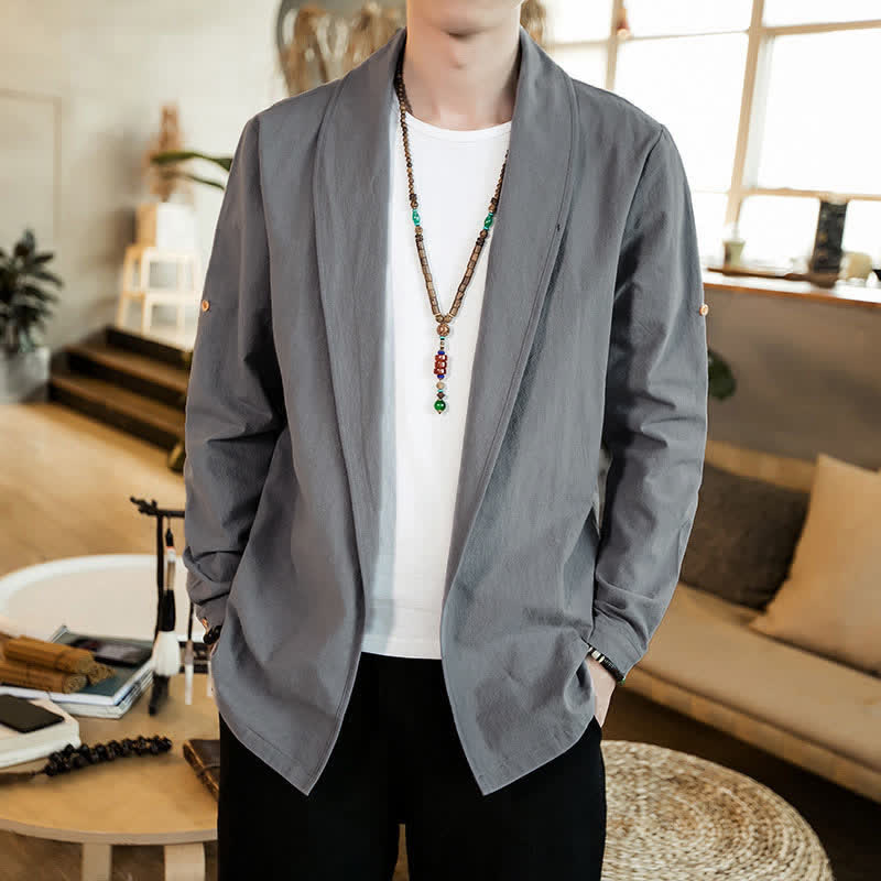 Buddha Stones Kimono homme uni, minimaliste et décontracté, idéal pour le printemps et l'automne - Gris clair - US/UK/AU46, EU56 (5XL) - image 6