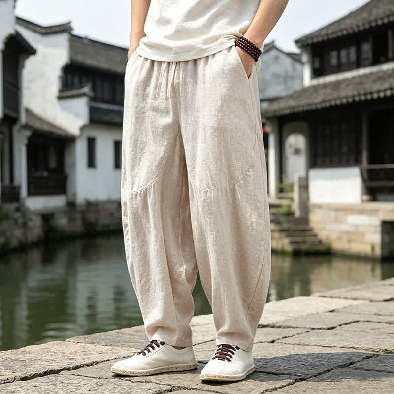 Buddha Stones Pantalon harem homme printemps-été vintage décontracté à cordon de serrage, uni, court, avec poches - Lin - US/UK/AU46, EU56 (5XL) - image 0