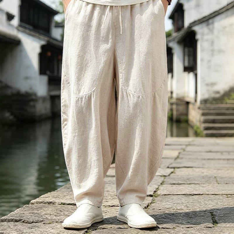 Buddha Stones Pantalon harem homme printemps-été vintage décontracté à cordon de serrage, uni, court, avec poches - image 1