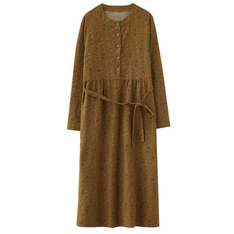 Buddha Stones Robe d'automne décontractée vintage à manches longues et poches, boutonnée, à imprimé floral. - image 3