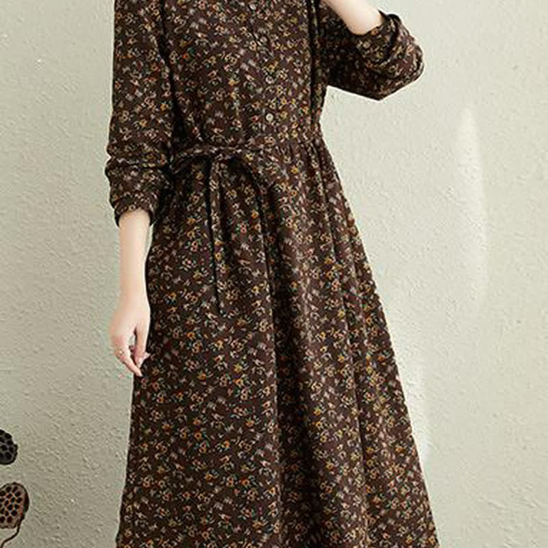 Buddha Stones Robe d'automne décontractée vintage à manches longues et poches, boutonnée, à imprimé floral. - image 17