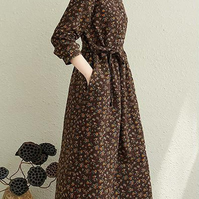 Buddha Stones Robe d'automne décontractée vintage à manches longues et poches, boutonnée, à imprimé floral. - image 18