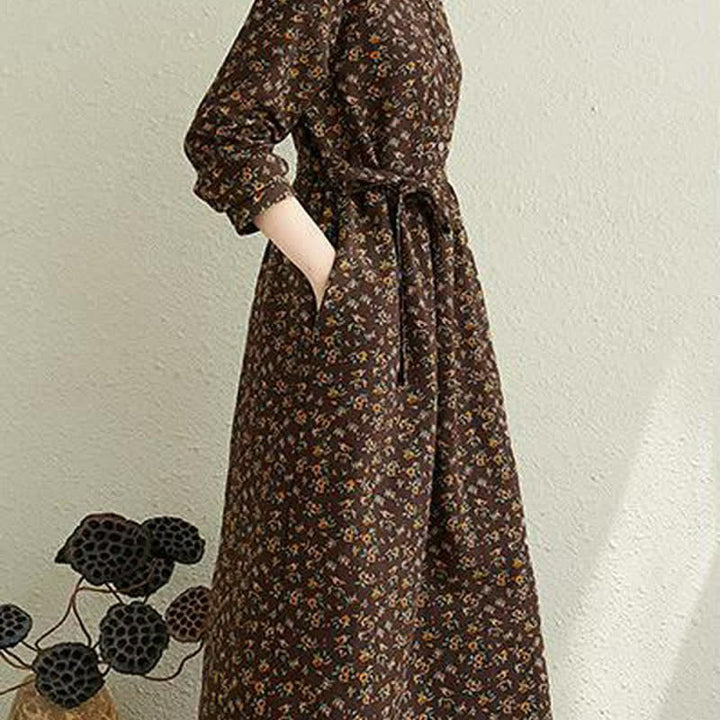 Buddha Stones Robe d'automne décontractée vintage à manches longues et poches, boutonnée, à imprimé floral. - image 18