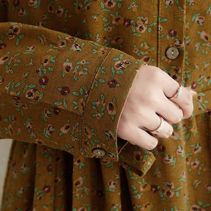 Buddha Stones Robe d'automne décontractée vintage à manches longues et poches, boutonnée, à imprimé floral. - image 7