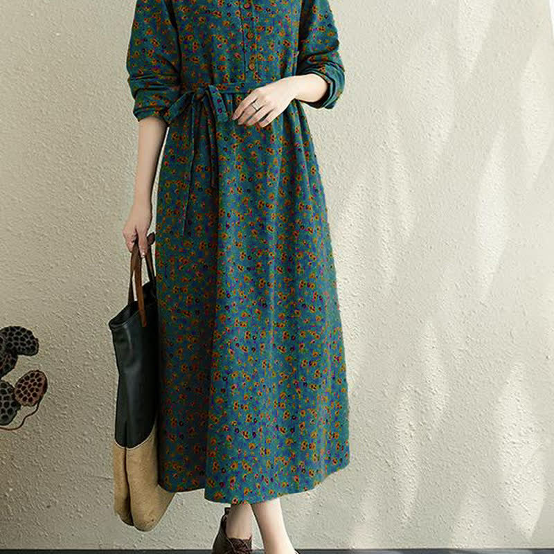 Buddha Stones Robe d'automne décontractée vintage à manches longues et poches, boutonnée, à imprimé floral. - image 14