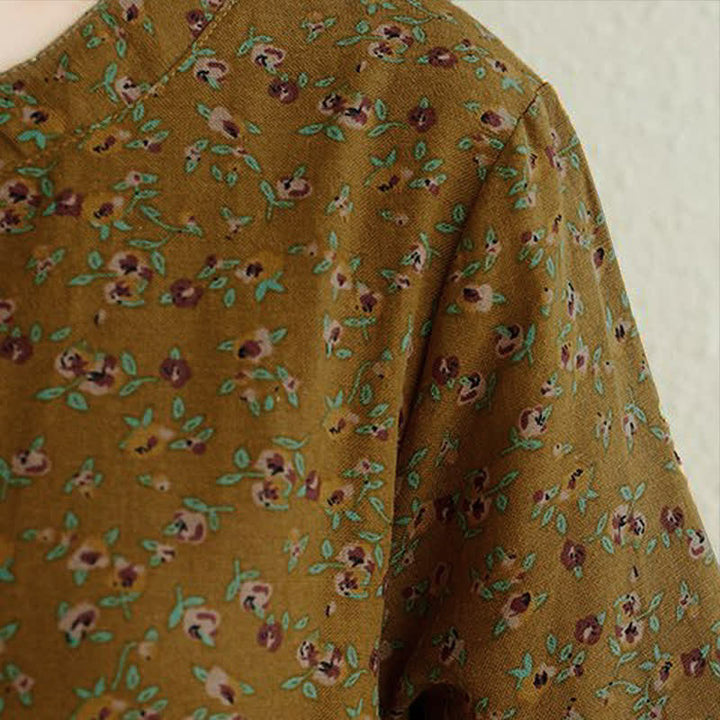 Buddha Stones Robe d'automne décontractée vintage à manches longues et poches, boutonnée, à imprimé floral. - image 6