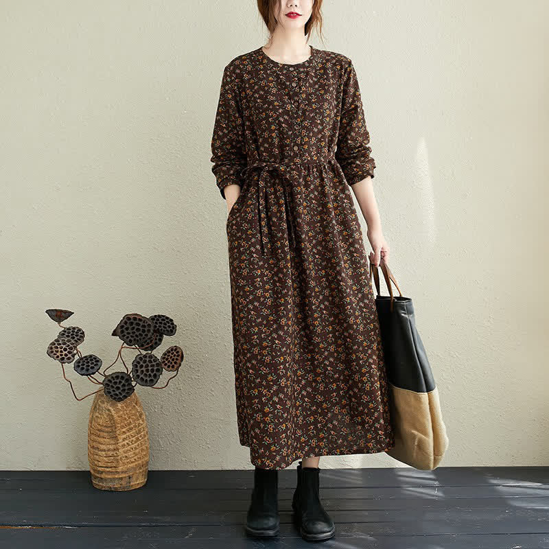 Buddha Stones Robe d'automne décontractée vintage à manches longues et poches, boutonnée, à imprimé floral. - SaddleBrown - US12-14, UK/AU16-18, EU42-44 (3XL) - image 15