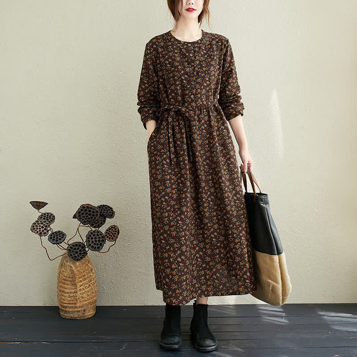 Buddha Stones Robe d'automne décontractée vintage à manches longues et poches, boutonnée, à imprimé floral. - SaddleBrown - US12-14, UK/AU16-18, EU42-44 (3XL) - image 15
