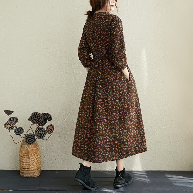 Buddha Stones Robe d'automne décontractée vintage à manches longues et poches, boutonnée, à imprimé floral. - image 16