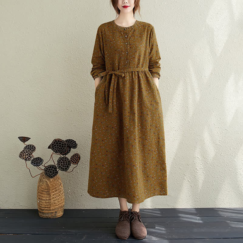 Buddha Stones Robe d'automne décontractée vintage à manches longues et poches, boutonnée, à imprimé floral. - image 2