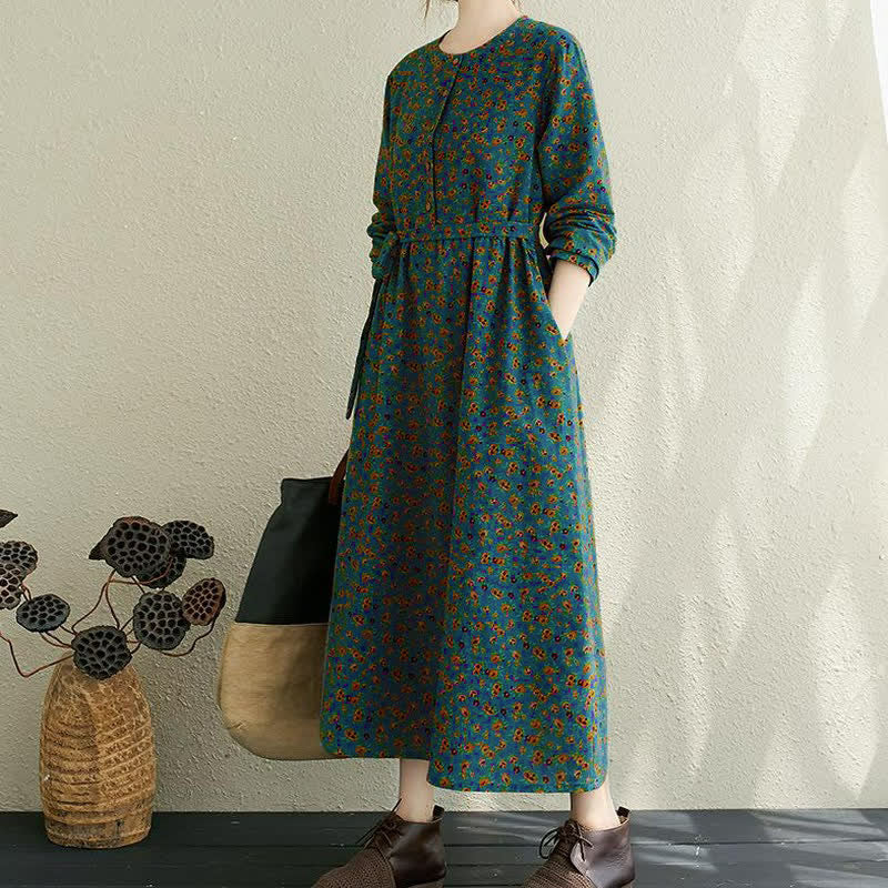 Buddha Stones Robe d'automne décontractée vintage à manches longues et poches, boutonnée, à imprimé floral. - image 13