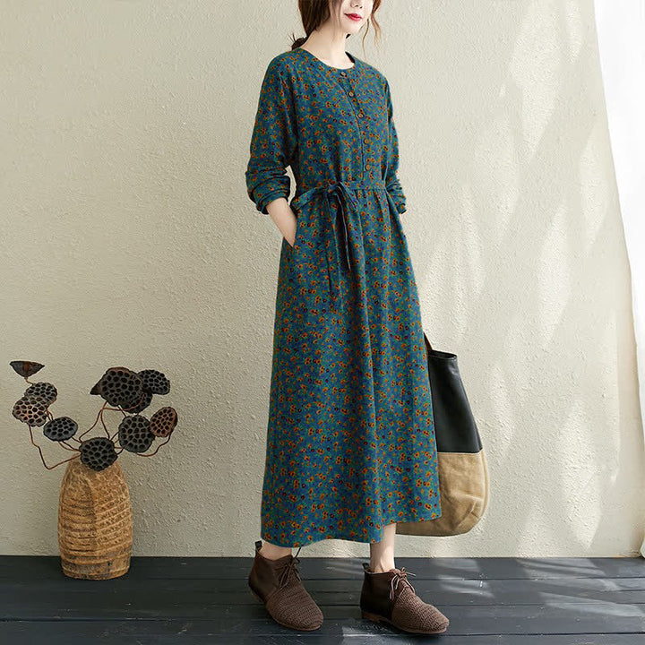 Buddha Stones Robe d'automne décontractée vintage à manches longues et poches, boutonnée, à imprimé floral. - Sarcelle - US12-14, UK/AU16-18, EU42-44 (3XL) - image 12