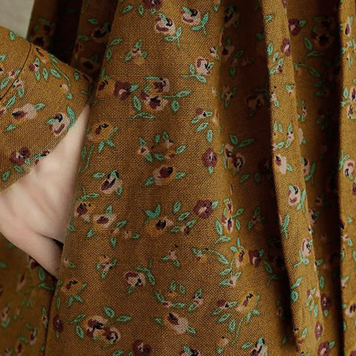 Buddha Stones Robe d'automne décontractée vintage à manches longues et poches, boutonnée, à imprimé floral. - image 8