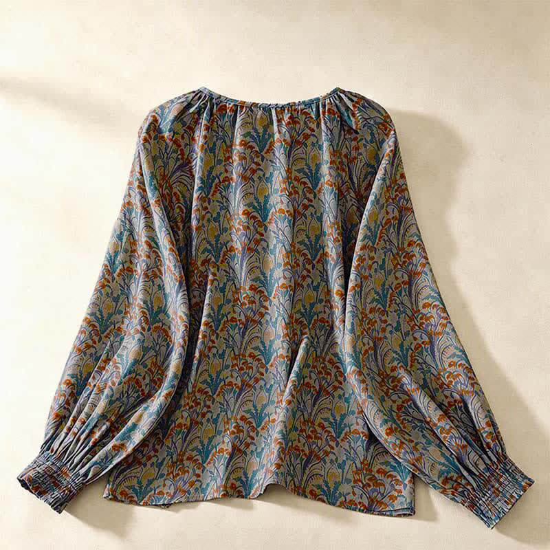 Buddha Stones Chemises à manches longues pour femmes à imprimé floral vintage automne - image 1