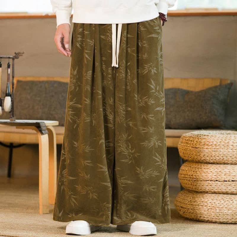 Buddha Stones Pantalon d'automne-hiver décontracté vintage à cordon de serrage et motif bambou, coupe 7/8, jambes droites, avec poches - image 1