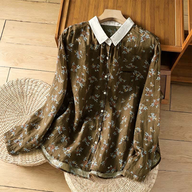 Buddha Stones Chemises à manches longues fleuries boutonnées style vintage printemps-été pour femmes, avec poche - Terre de sienne - US8-10, UK/AU12-14, EU40-42 (2XL) - image 0