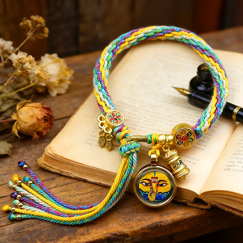 Buddha Stones Bracelet renforcé Om Mani Padme Hum en acier titane tibétain - Jaune Vert - image 0