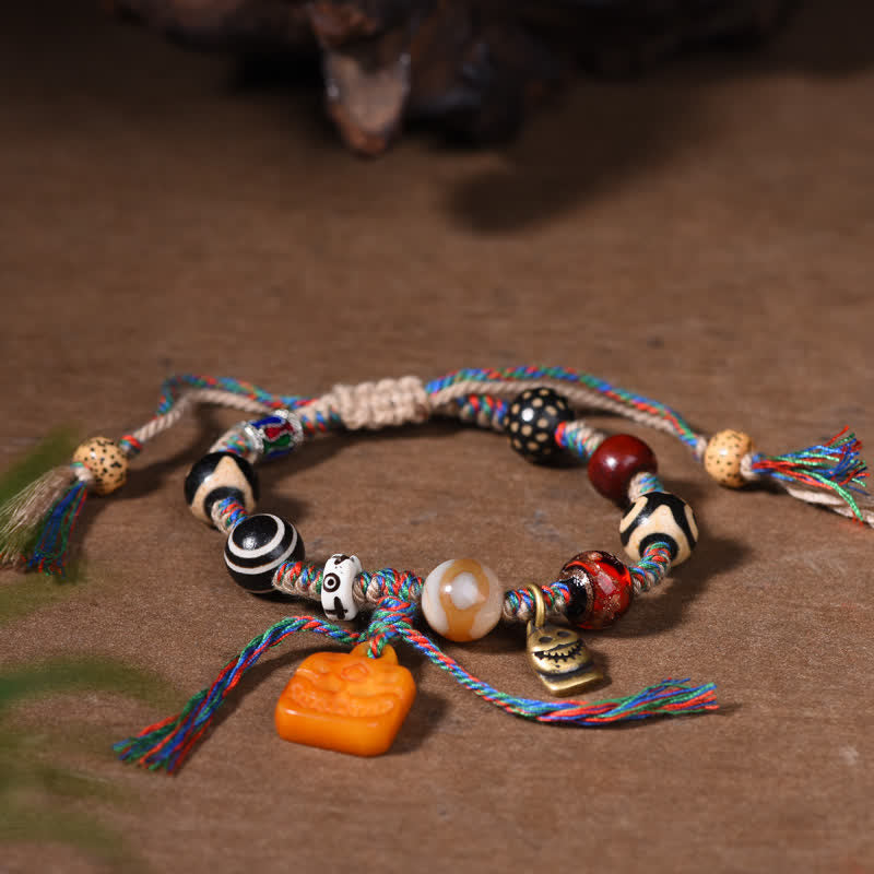 Buddha Stones Bracelet tibétain Dzi en perles d'os tressées multicolores, symbole de bénédiction - image 4