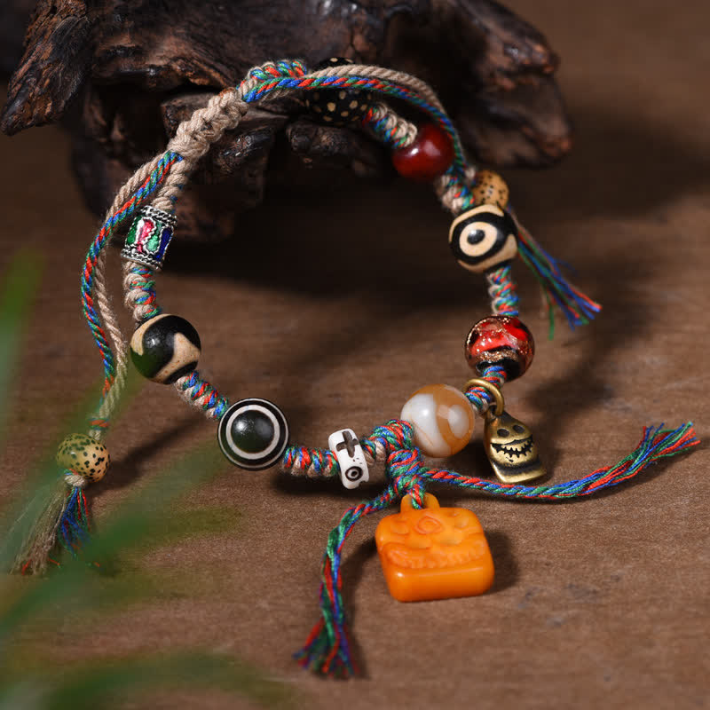 Buddha Stones Bracelet tibétain Dzi en perles d'os tressées multicolores, symbole de bénédiction - image 3