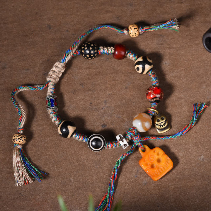 Buddha Stones Bracelet tibétain Dzi en perles d'os tressées multicolores, symbole de bénédiction - Perle Dzi (Richesse ♥ Chance) - image 0