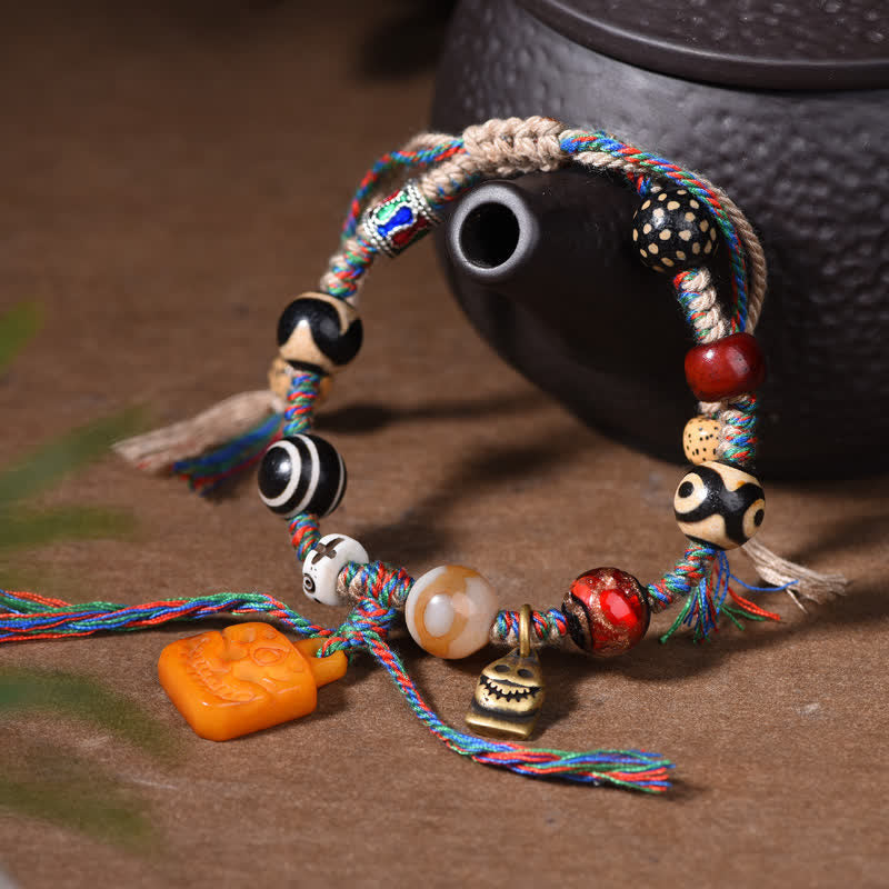 Buddha Stones Bracelet tibétain Dzi en perles d'os tressées multicolores, symbole de bénédiction - image 2