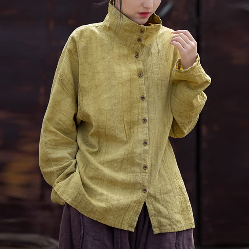 Buddha Stones Chemises à manches longues pour femmes, style Tang, col mandarin, en ramie unie, style décontracté printemps-automne - Kaki foncé - US4-8/10，UK/AU8-12/14，EU36-40/42 (F) - image 0