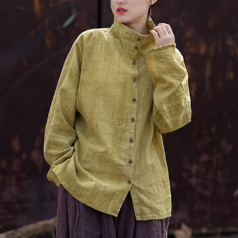 Buddha Stones Chemises à manches longues pour femmes, style Tang, col mandarin, en ramie unie, style décontracté printemps-automne - image 1