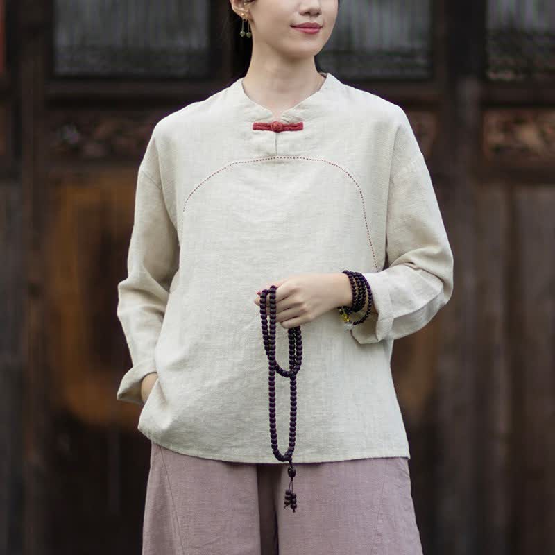 Buddha Stones Chemises à manches longues pour femmes, style décontracté printemps-automne, en ramie unie, avec poches, boutonnage grenouille et poche - Beige - US4-6，UK/AU8-10，EU36-38 (F) - image 0